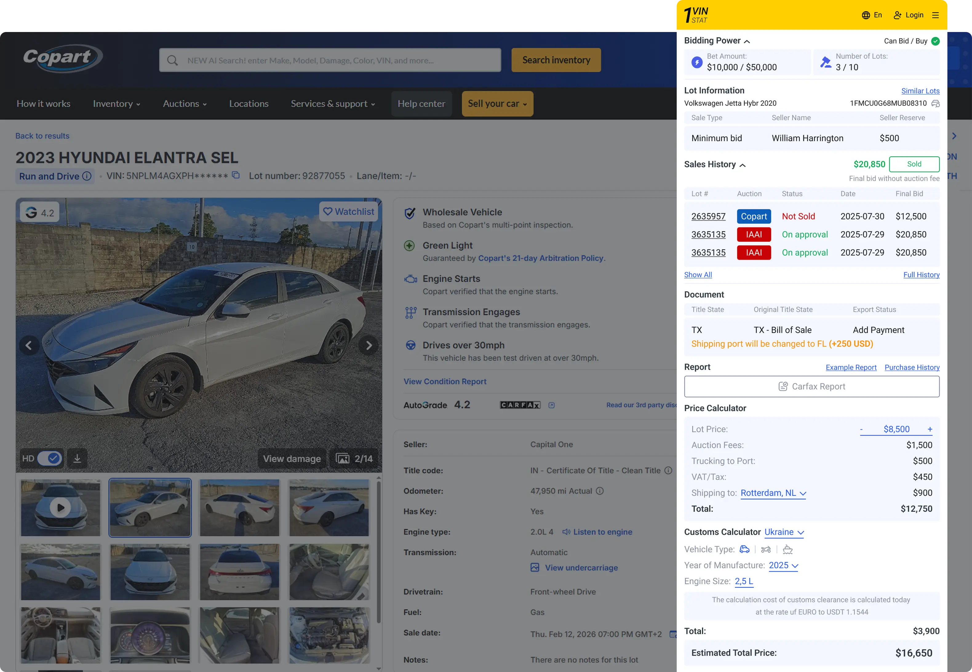 Stat.VIN Copart lot view with integrated auction tools